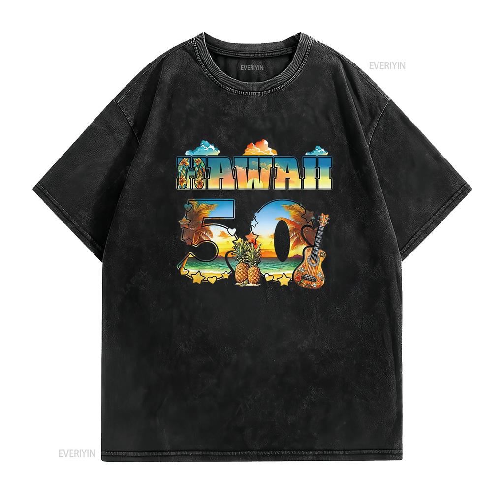 Hawaii 50. Bundesstaat Hawaiianischer Strand Hibiskus 50 Maui Damen Sommer T-Shirt Lässig und Bequem vintage gewaschen Atmungsaktiv