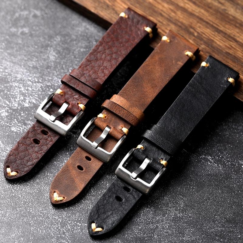 For Handmade Genuine Leather Watchband Old Brown Black 18 20 22MM Soft Men's Vintage Bracelet, First Layer Cowhide Leather Bracele