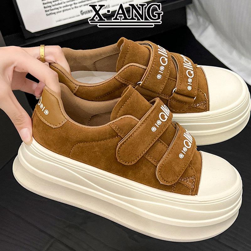 Leather board shoes women's Velcro bread shoes new autumn and winter thick-soled heightening leisure sports women's shoes