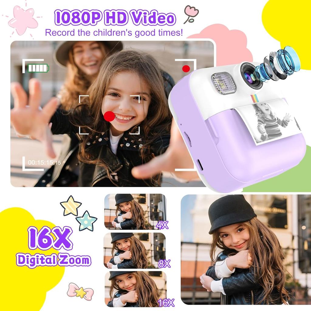 Kids Camera Instant Print, Christmas Birthday Gifts for Girls Boys, Children Digital Camera with 32GB Card, 1080P Video Toddler Print Camera,