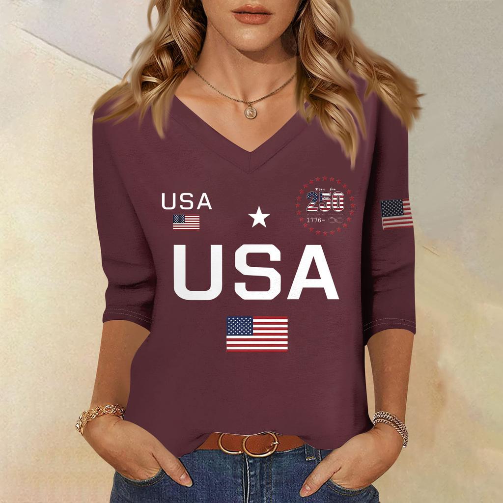 Damen T-Shirt Print 3/4 Ärmel Alltag Wochenendmode Basic V-Ausschnitt Normales Oberteil