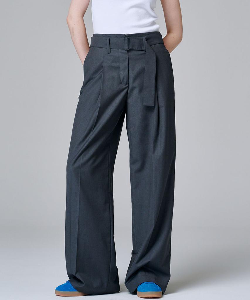MALOUPE 2155 Single-Pleat Belted Wide Pants (Dark Gray)