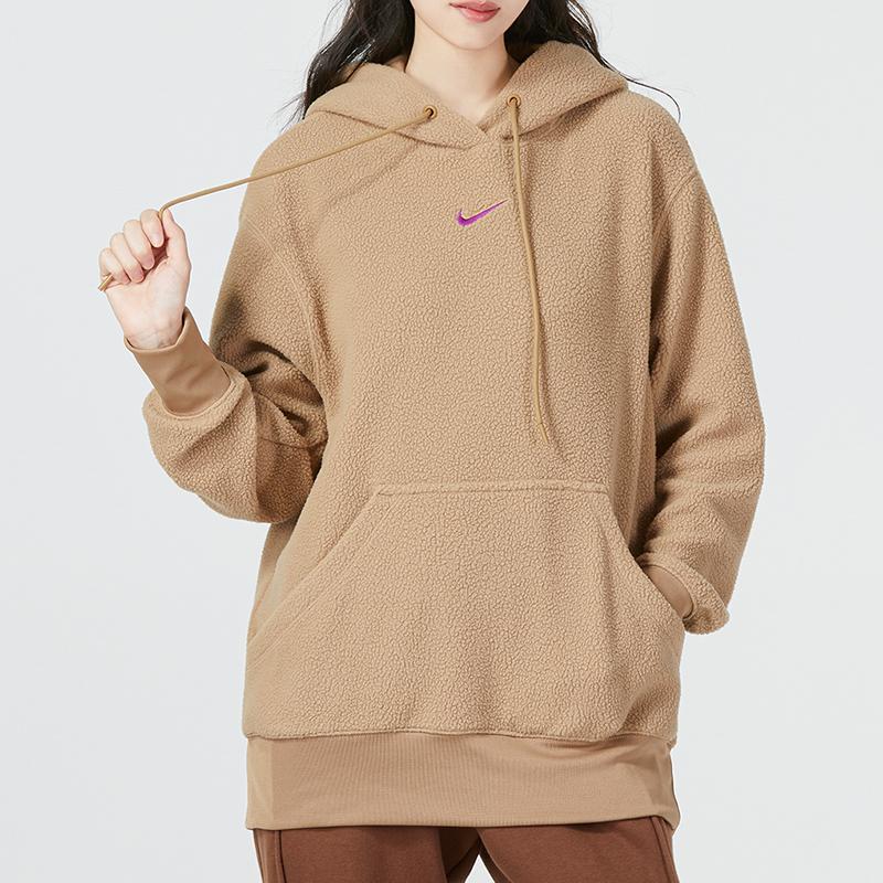 Nike Nsw Plsh Po Hoodie Logo Print Sports Casual Pullover Long Sleeve Sweatshirt Women Hoodies Khaki DQ6841-258