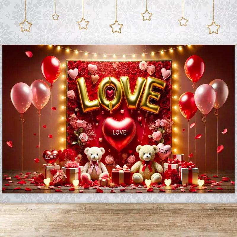 Valentine's Day Photography Backdrop February 14 Romantic Valentine Scenes Red Love Heart Floral Wedding Party Photo Background