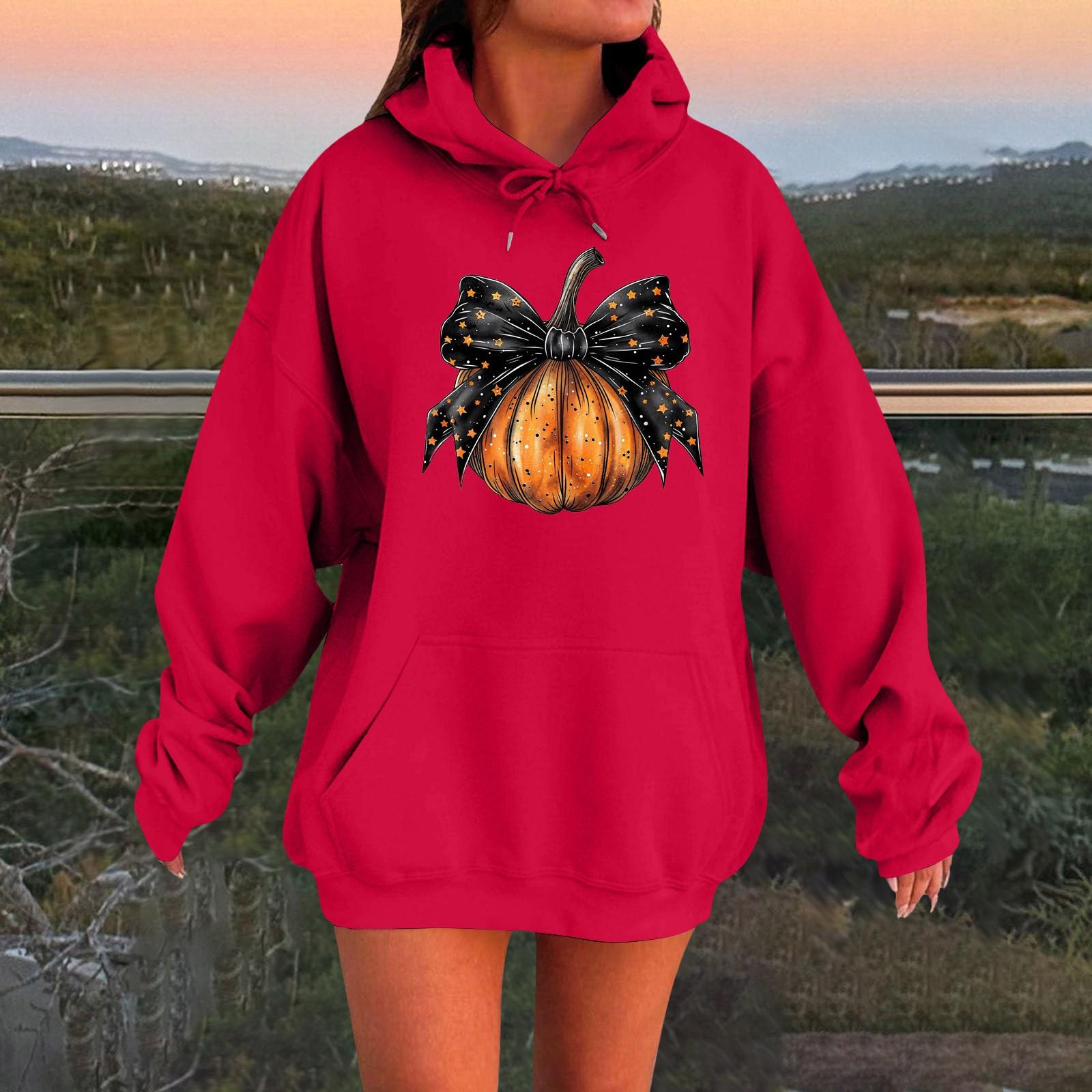 

Женский плюшевый свитшот с длинными рукавами оверсайз со спущенными плечами и капюшоном с принтом на Хэллоуин S красный