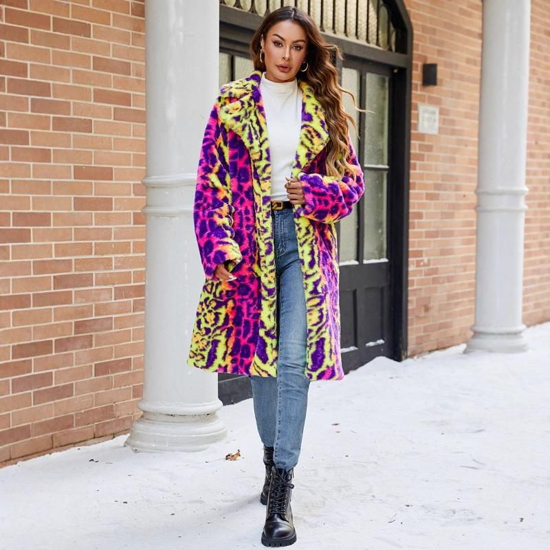 Imitation Fur Bump Color Leopard Print Fluffy Jacket Hooded Warm Long Plush Coat