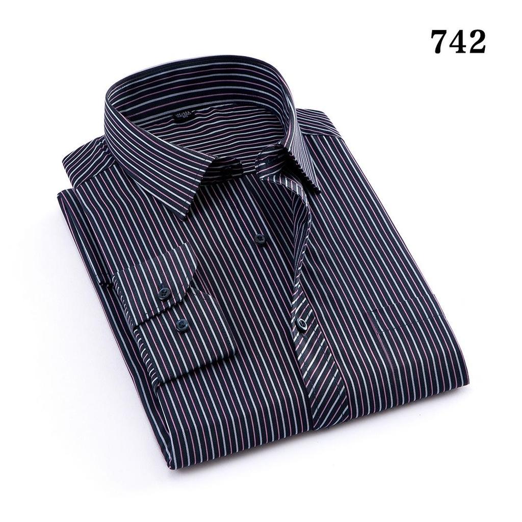 Men’s Striped Business Casual Long Sleeve Shirt, Iron-Free Slim Fit, Square Collar