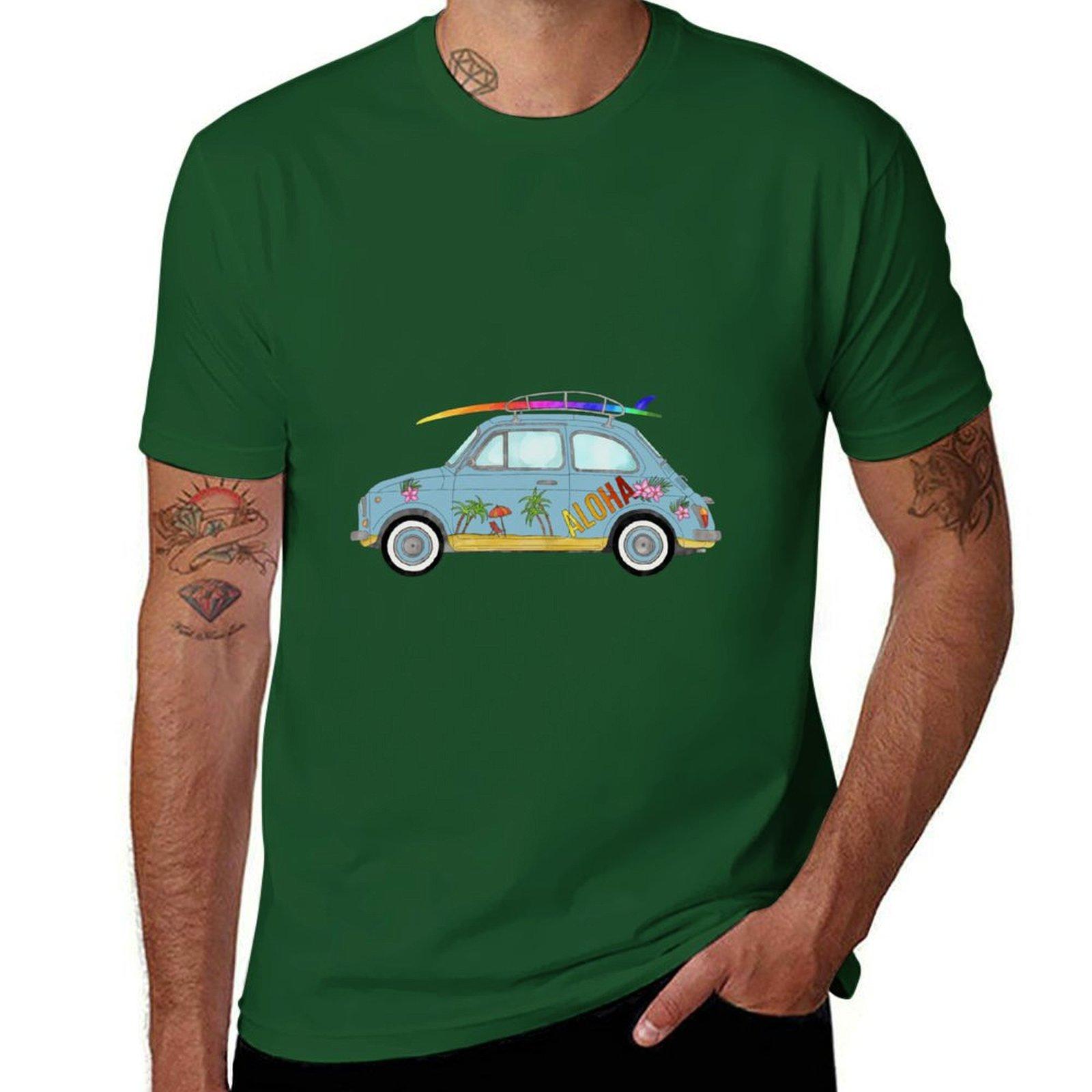 

Fiat 500 with surf board T-Shirt blanks graphics customs heavyweight t shirts for men 4XL