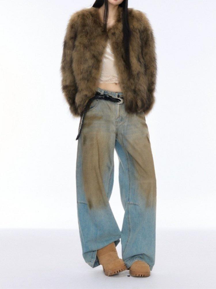 Damen Y2K Retro Weitbeinige Abgewetzte Jeans in Schmutzigem Waschblau