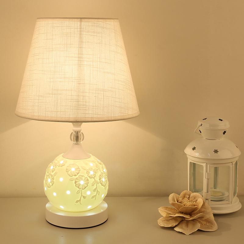 European Style Ceramic Bedside Lamp: Fashionable, Dimmable Night Light with Fabric Shade for Bedroom or Study.