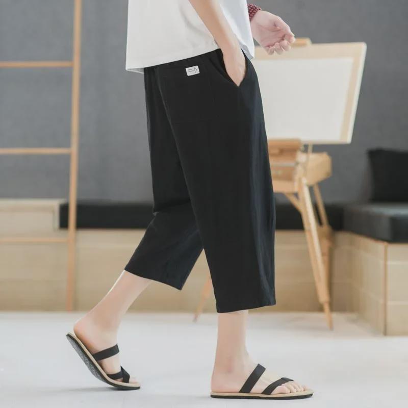 Men's Cotton and Linen Cropped Trousers - Lightweight Summer Casual Shorts for Middle-Aged and Elderly.