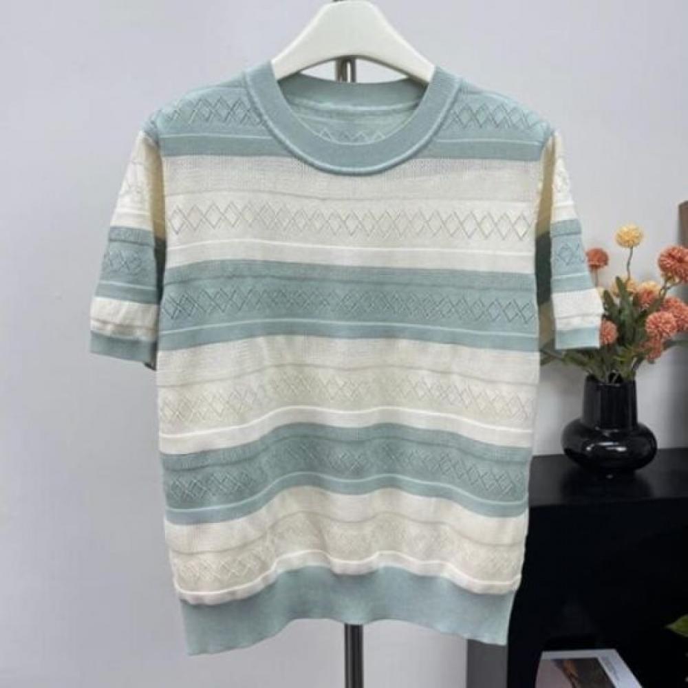 Navava Women Color Block Stripe Short Sleeve Knit Top Nk3008