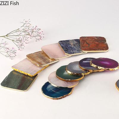 Colored Agate Stone Coaster Coffee Cup Insulation Mat Dinner Table Storage Tray Gold Edges Gemstone Coaster Teacup Tray Cup Mat
