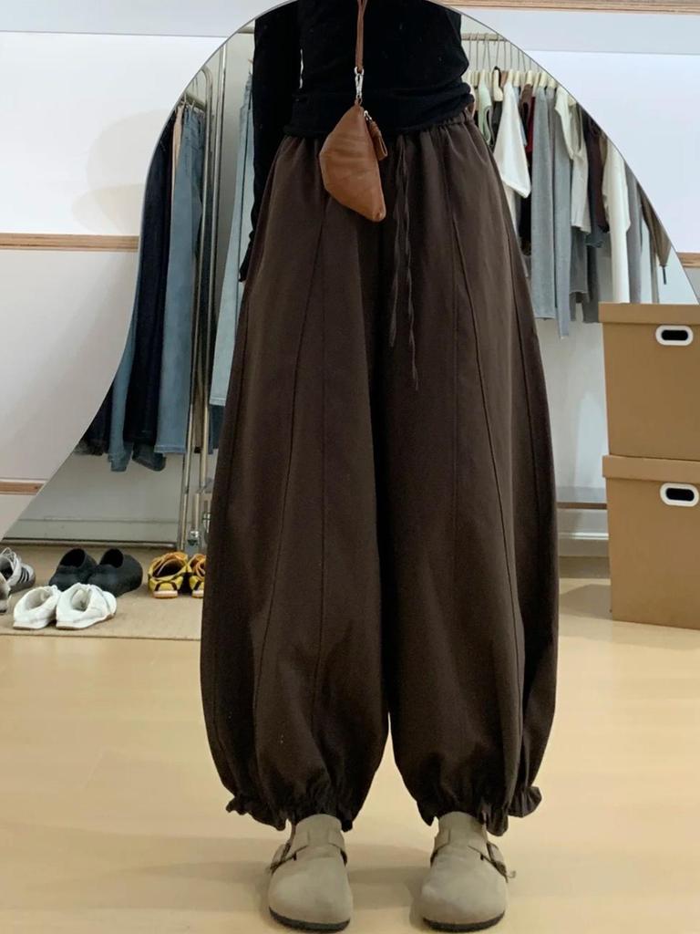 Melanoid Coffee Wide-Leg Cargo Pants - Women's Autumn Plus Size Slimming Cropped Lantern Style