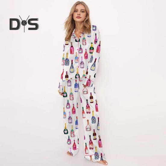 Dámské pyžamo s dlouhým rukávem a knoflíky na láhev šampaňského, košile a kalhoty na spaní, ležérní sada s potiskem sklenic na víno, 2dílná sada domácího oblečení