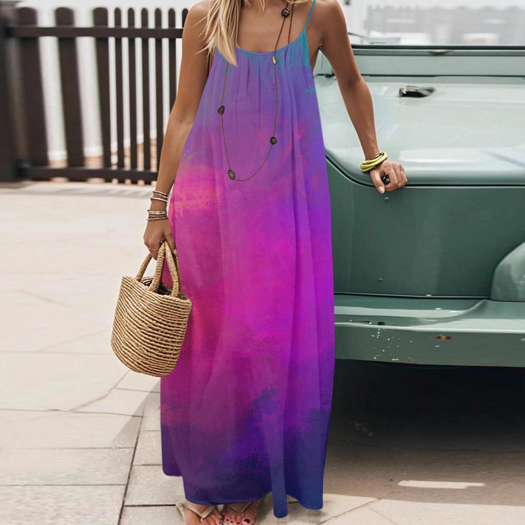 Dámské Módní Ležérní Volné Šaty s Květinovým Potiskem a Úzkými Ramínky Bez Zad