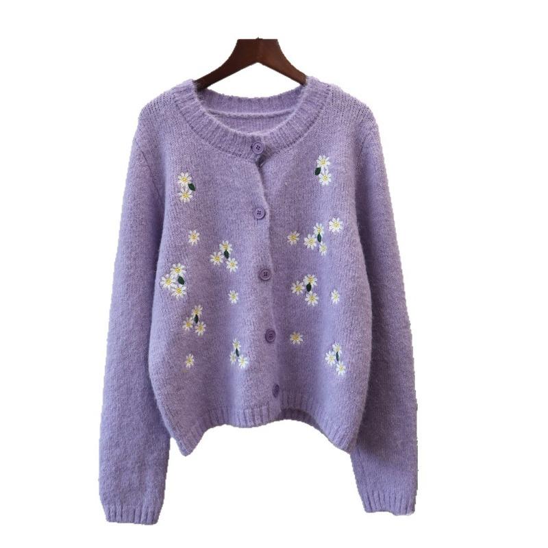 Crew Neck Embroidered Knitted Cardigan Autumn and Winter New Loose Sweet Soft Waxy Gentle Wind Sweater Jacket Women