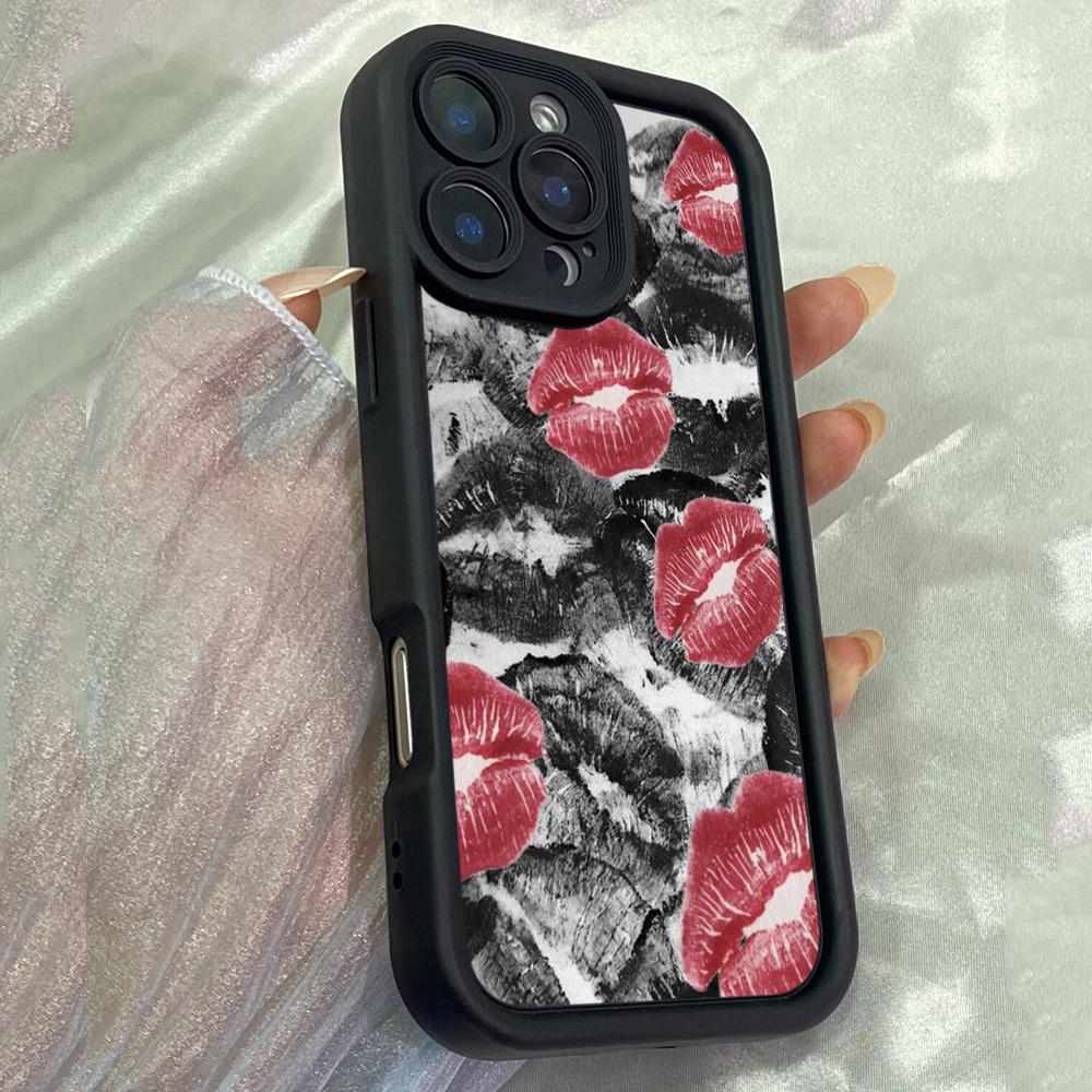 JT87 Black Red Lips Kiss Kissing for iPhone 17 16 15 14 Pro Max Samsung S26 S25 Ultra A17 A16 A07 A56 Xiaomi 15T 13T Redmi 14C 15c Soft TPU Case