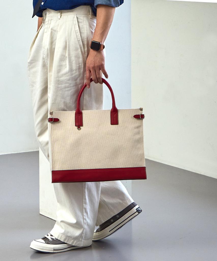Matt Slim Canvas Leather Square Bag (Ivory + Red) B42915
