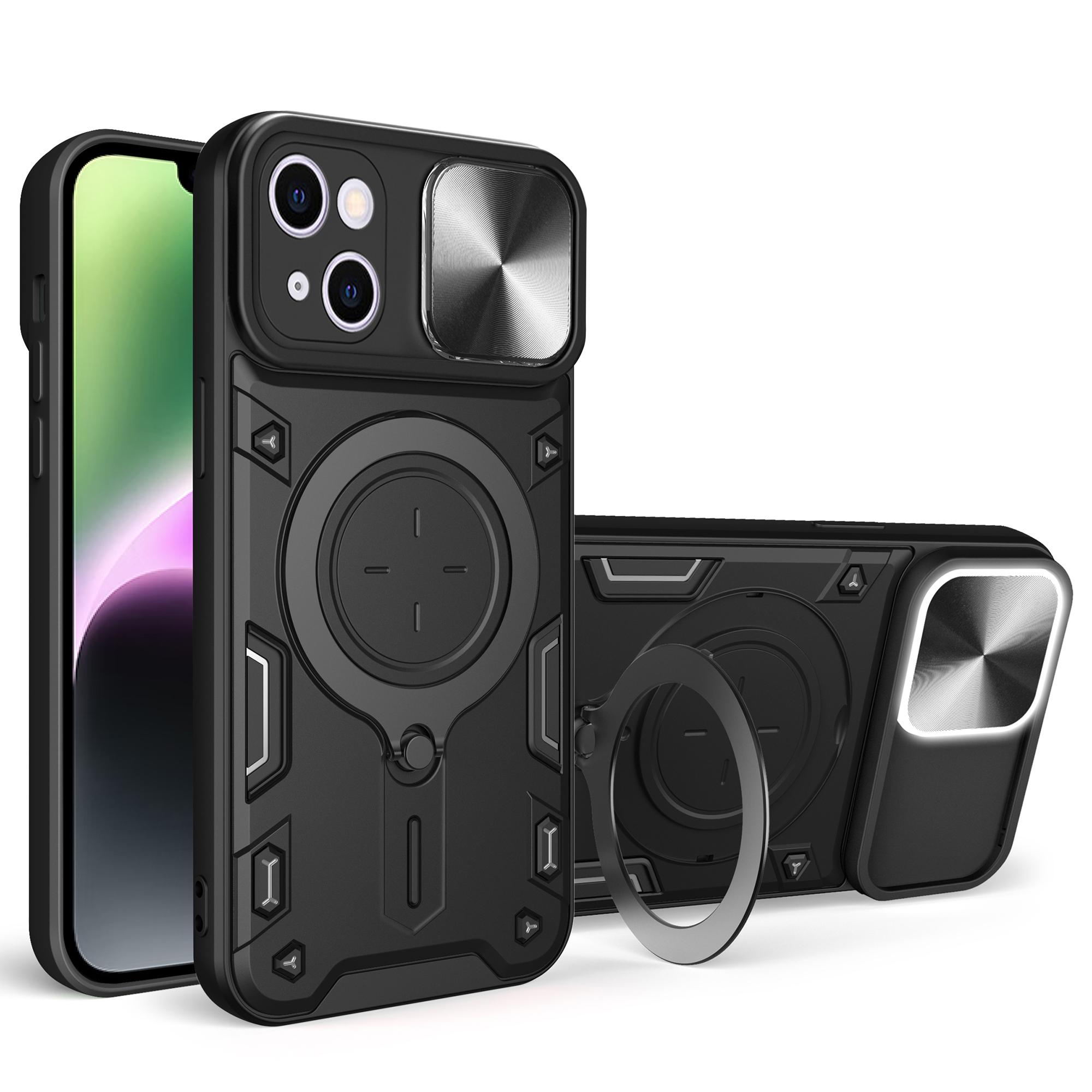 

Для iPhone 14 Задняя крышка с выдвижной крышкой камеры Чехол для телефона из ПК+ТПУ с вращающейся подставкой Black