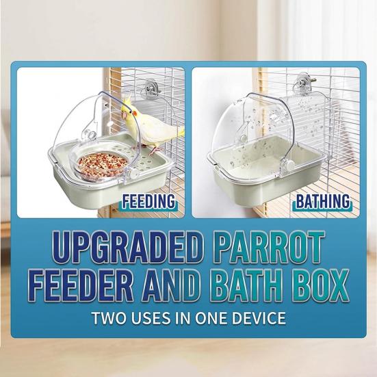Bird Cage Accessory Feeder with Bowl, Transparent Parrot Bathtub Food Container, Indoor No Mess Shower Box for Parakeet Cockatiels