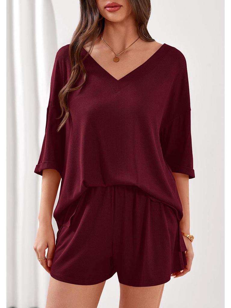 New Women's Casual Two-Piece Set: Loose V-Neck Short-Sleeved Top and Shorts