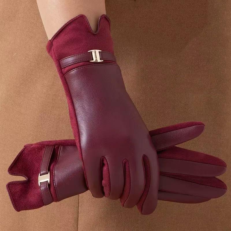 Women's Protein PU Leather Suede Touch Screen Compatible Fashion Commuting Thick Velvet Insulated Belt Buckle Riding Gloves