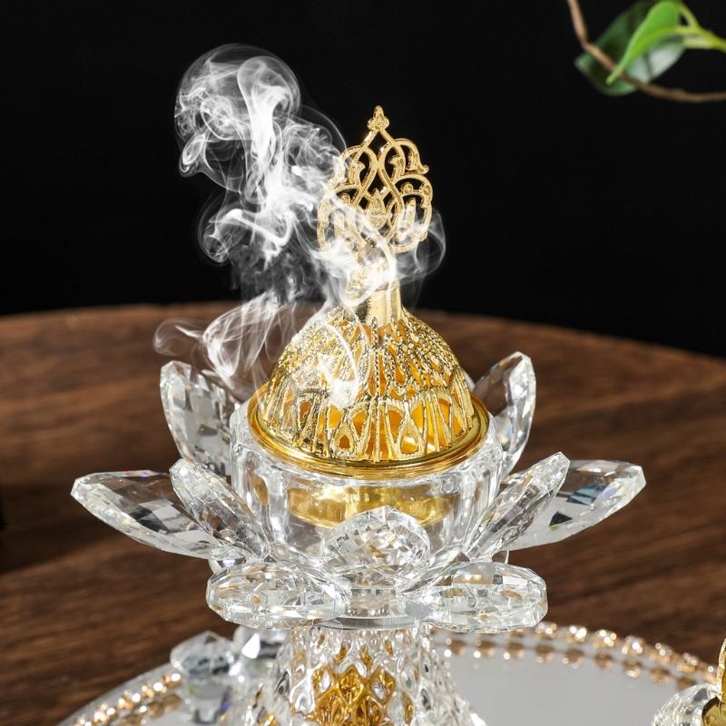 Glass Incenses Holder Set With Golden Arabic Pattern Flower Burners And Mirrored Tray Jar Tongs Spiritual Gathering Kits