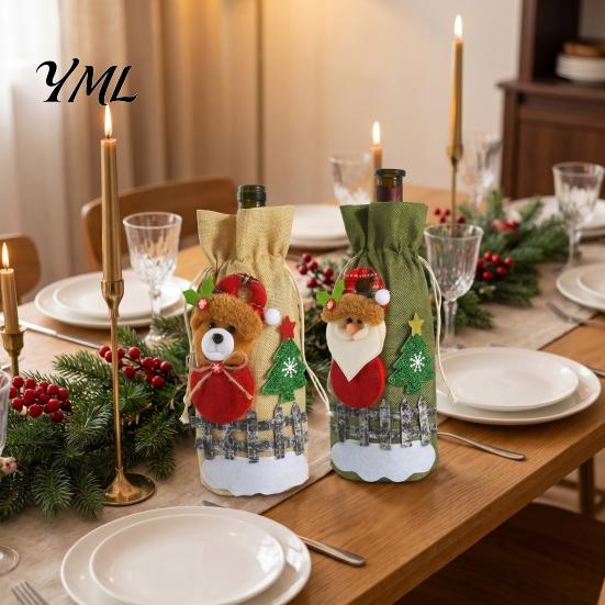 Decorative Wine Bottle Holders Christmas Cover, Santa Claus/Snowman/Elk/Bear Gift Bag with Sticker Decals, Holiday Winter Home Accents Party