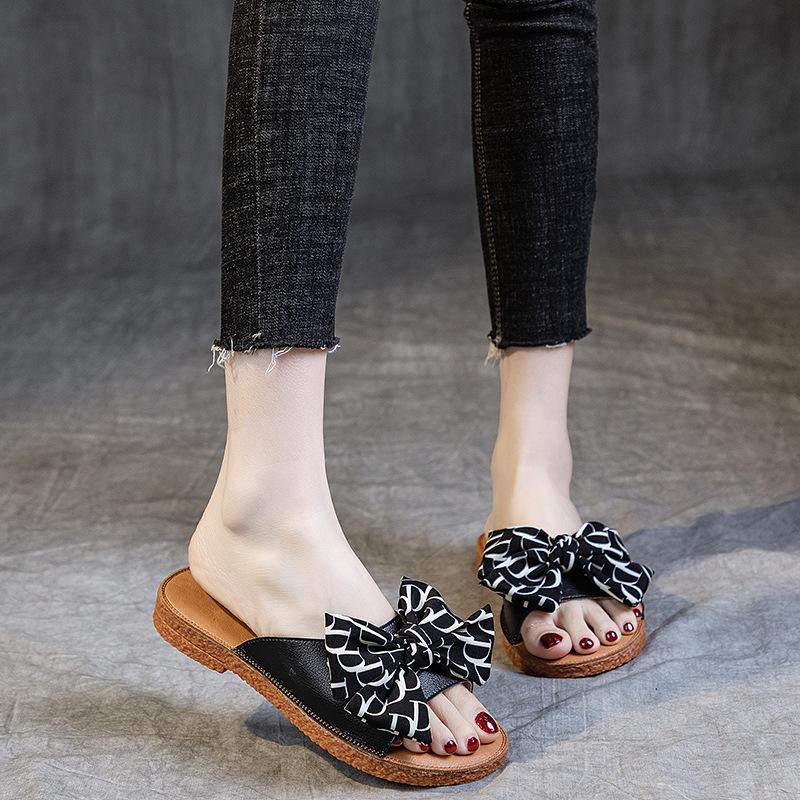 Cowhide 2025 New Summer Daily Leisure Height Increase One-character Bow Cover Foot Flat Heel Soft Sole Rubber Slippers Women