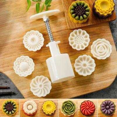 DIY Hand Pressure Plastic Press 50g 6pcs/set Flower Shaped Moon Cake Mould Fondant Cookie Cutter Baking Tool Mold