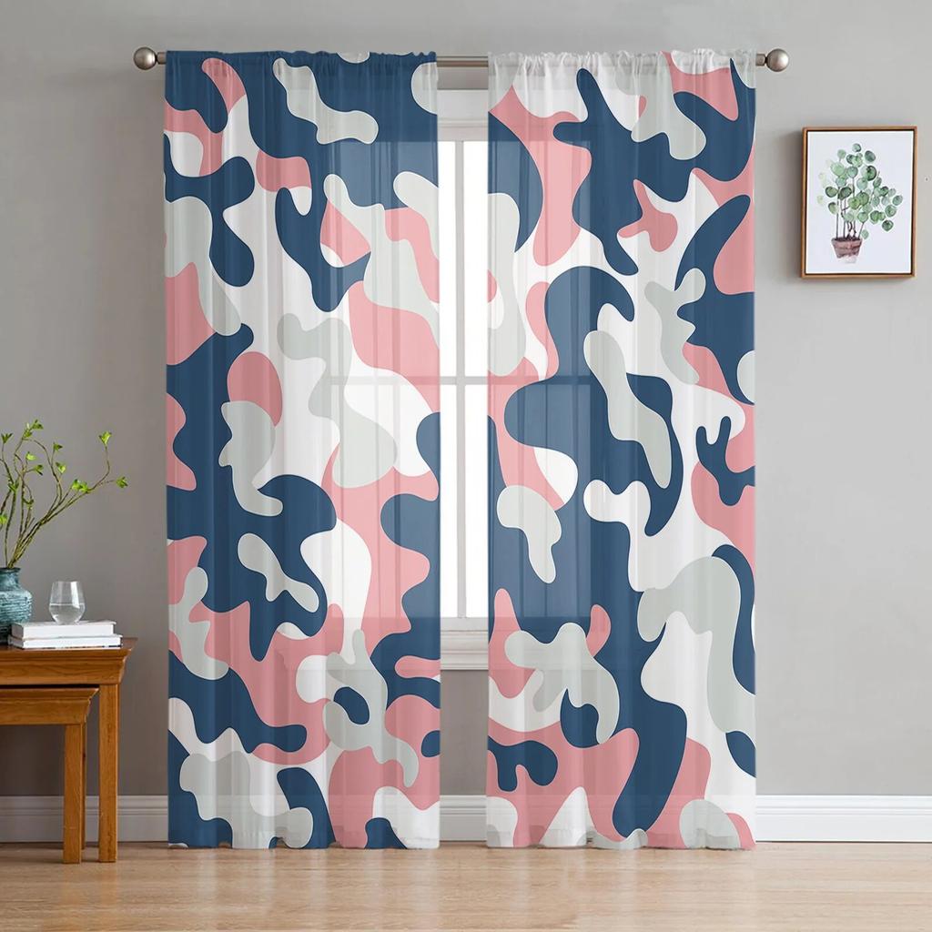 Blue Camouflage Printed Sheer Tulle Curtains for Bedroom Living Room Balcony Outdoor Summer Home Decor