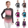 Girls Figure Skating Dress Long Sleeve Round Neck Sheer Mesh Patchwork Sparkly Rhinestones Gradient Color Outfit
