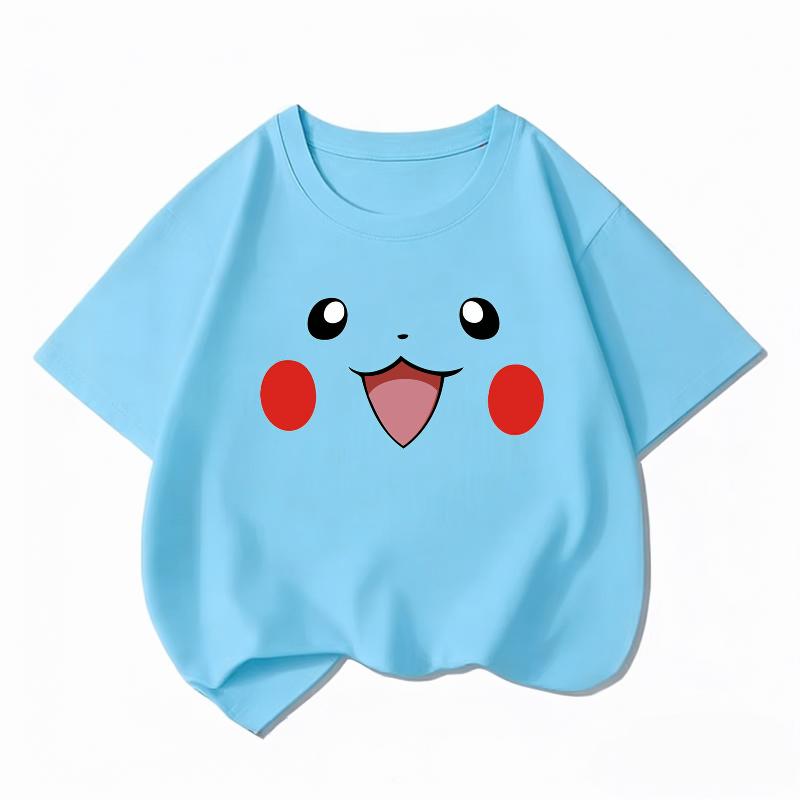 Potdemiel Kids Cotton Tshirt Cute Pikachu Face Print Summer Short Sleeve Breathable Crew Neck Boys Girls Casual Tops