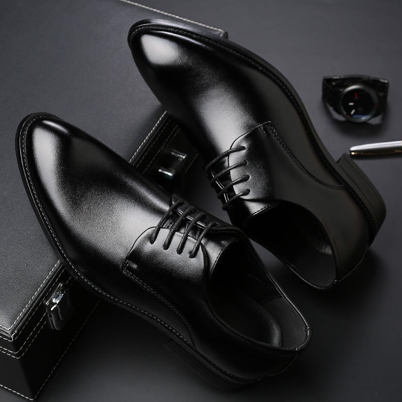 Mens Breathable Leather Dress Shoes Formal Business Footwear Pointed Toe Lace Up Flat Sole Groom Wedding Shoes Simple Leisure