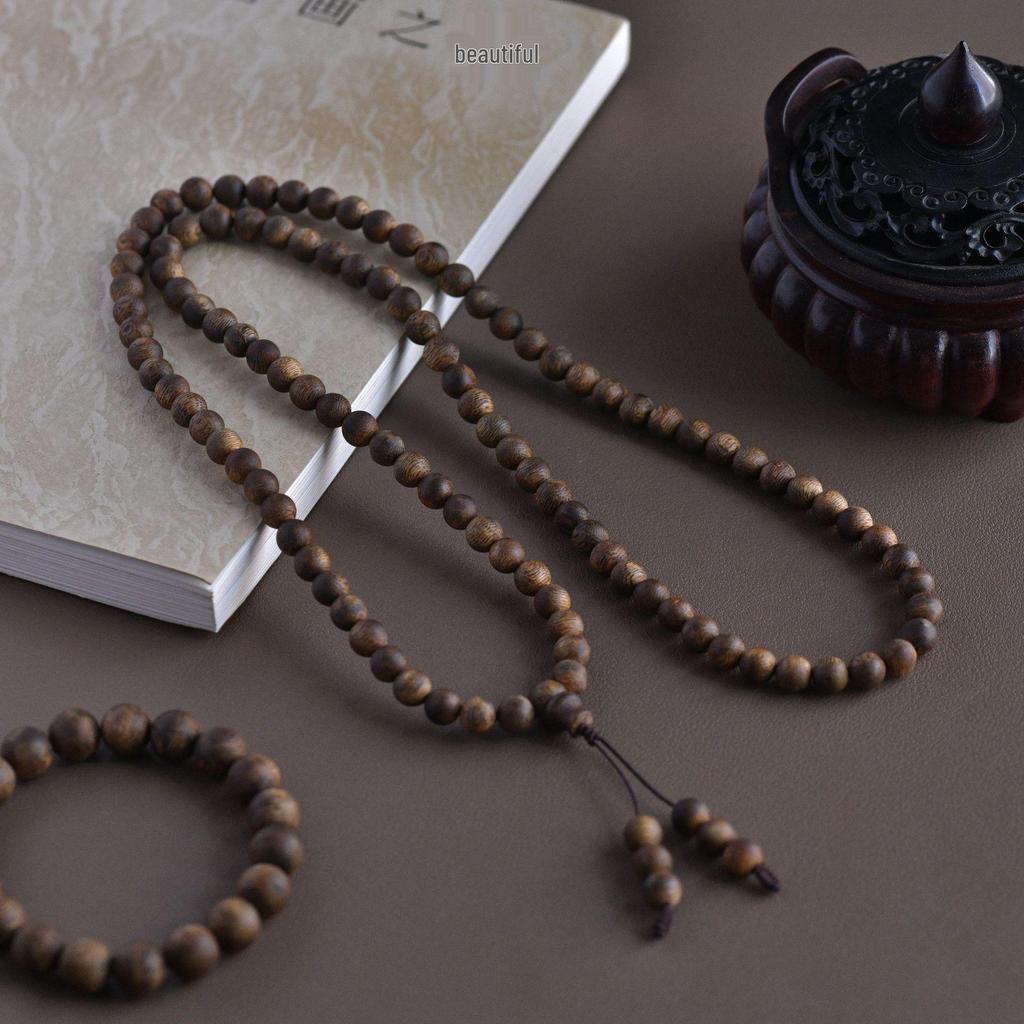 Hainan Yingge Green Qinan Agarwood Men's Bracelet - 108 Beads, Old Material, Plain Wengwan Buddhist Prayer Beads
