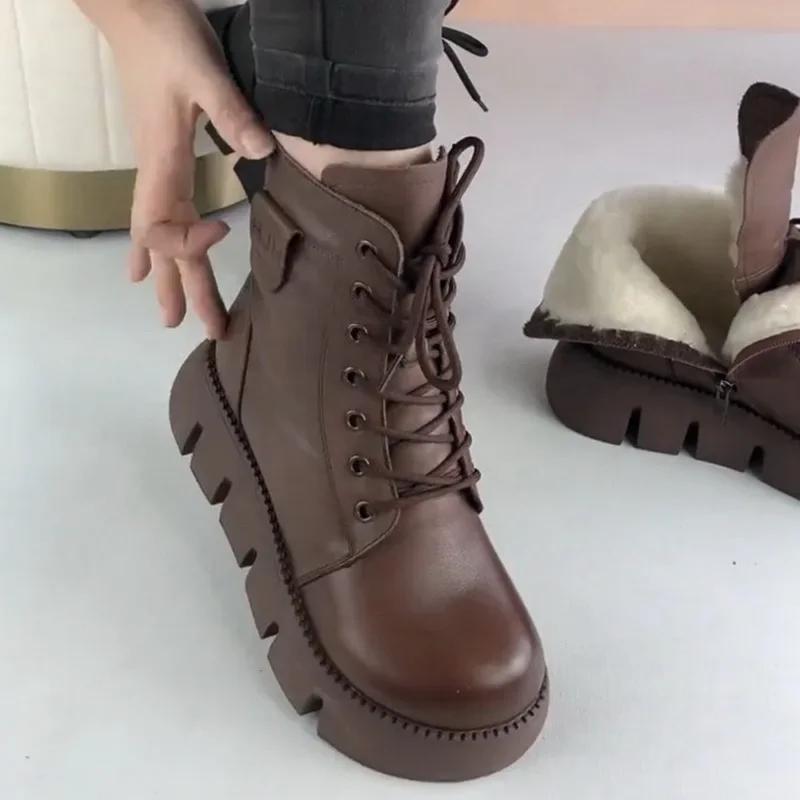 Womens Snow Boots 2026 Winter New Platform Cotton Shoe Retro Black/Brown Round Toe Lace-up Zipper Modern Motorcycle Boot