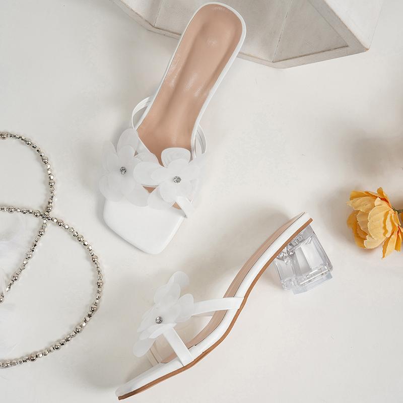 Zapatillas de Verano de Punta Cuadrada con Tacón Alto para Mujer, Decoración de Flores Blancas, Sandalias Transparentes con Tacón, Zapatos de Vestir de Fiesta de Moda para Mujer