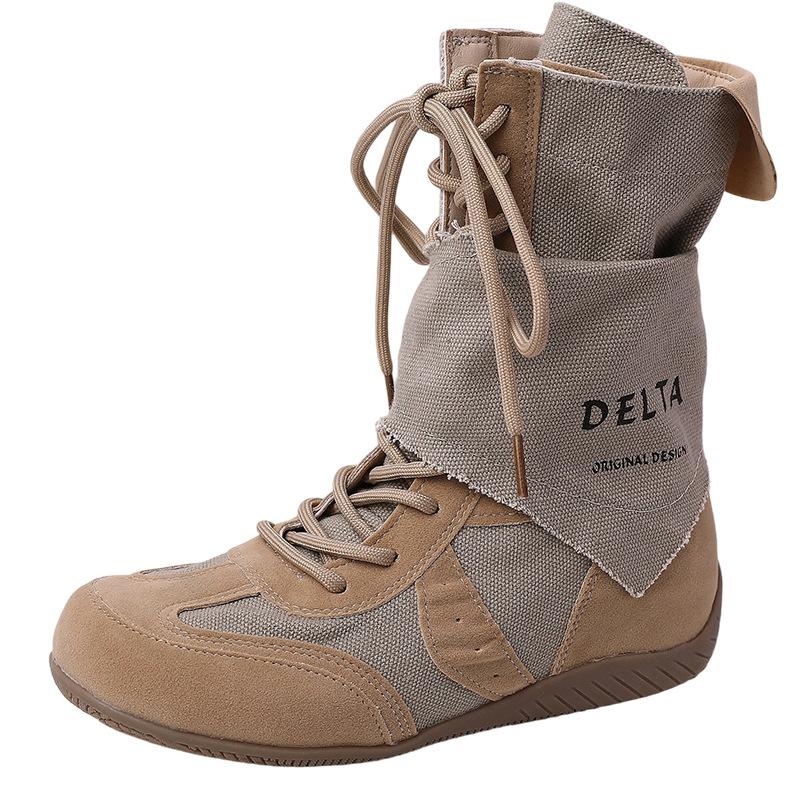 Versatile retro style splicing design sense boots women's autumn and winter fashion color matching lace-up thick-soled tooling boots short boots
