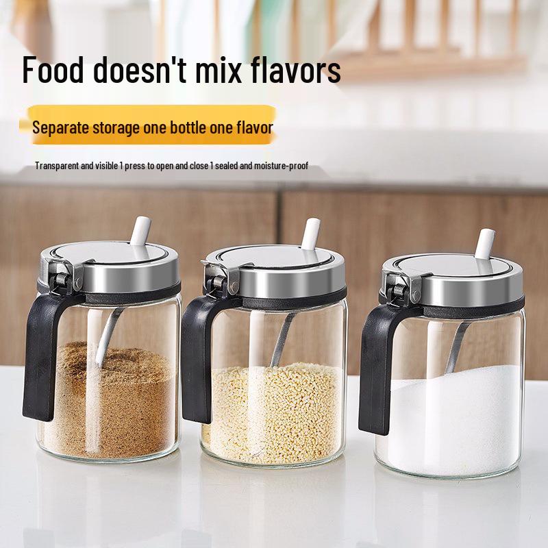 Stainless Steel Glass Kitchen Seasoning Jars Set with Spring Lid & Spoon