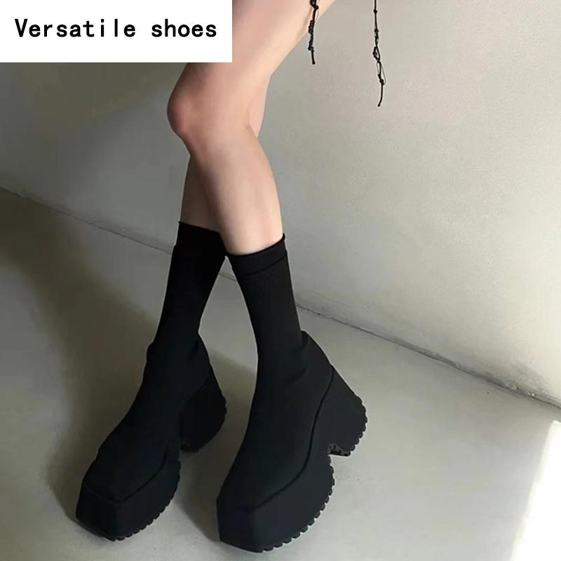 Punk Style Platform Women Ankle Boots Fashion Stretch Slim Shoes Autumn Winter Thick Heel Ladies Elegant Short Booties