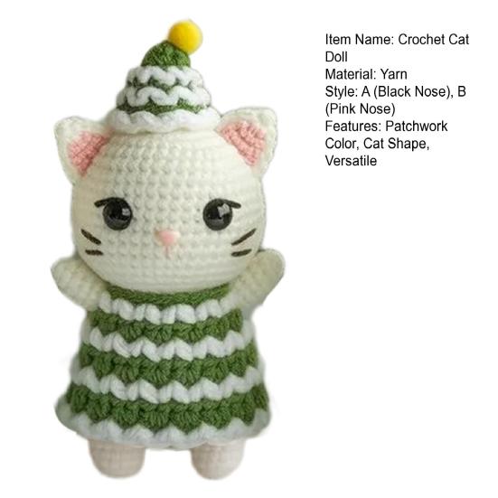 Christmas Crochet Cat Doll Patchwork Color Handcrafted Green Cream Yarns Cat Ornament Xmas Tree Decoration