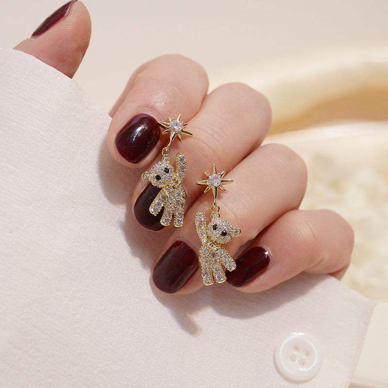 Cubic Zirconia Little Bear & Eight-pointed Star Pattern Stud Earrings for Girls, Cute Decor Birthday Party Anniversary Gift Jewelry