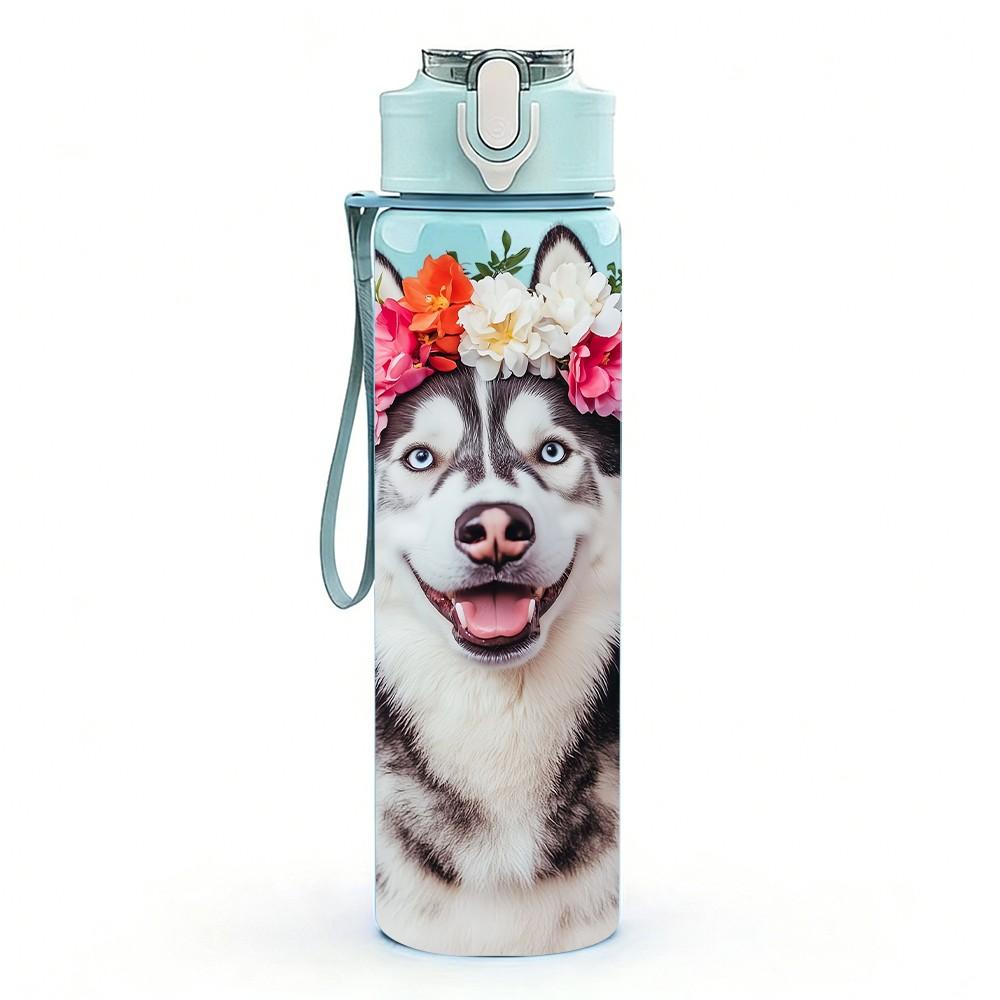1PC Flower Crown Husky Dog Print 750ml Color Plastic Sports Water Bottle Leakproof Flip Straw Lid Suitable for Sports Office Home Use