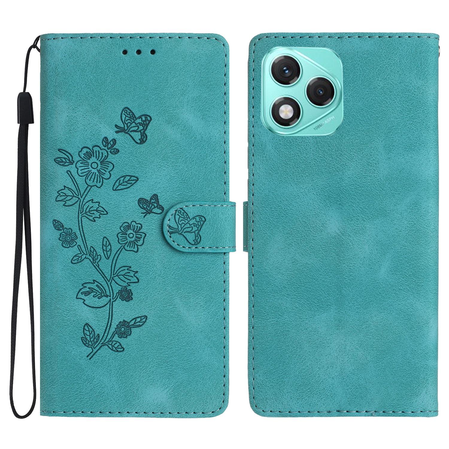 

For Honor 400 Lite 5G Case Leather Imprinted Flower Phone Cover Wallet with Wrist Strap Green