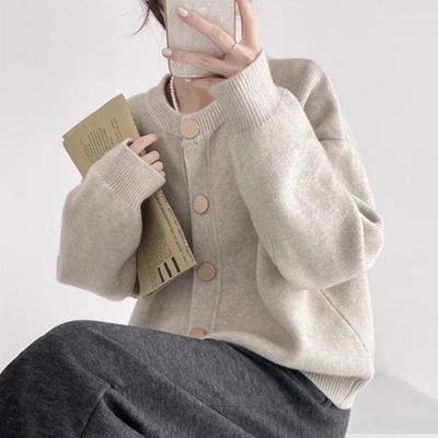 Design Sense Single-breasted Knitted Cardigan Women's Fall and Winter Loose Lazy Wind Round Neck Short Sweater Jacket