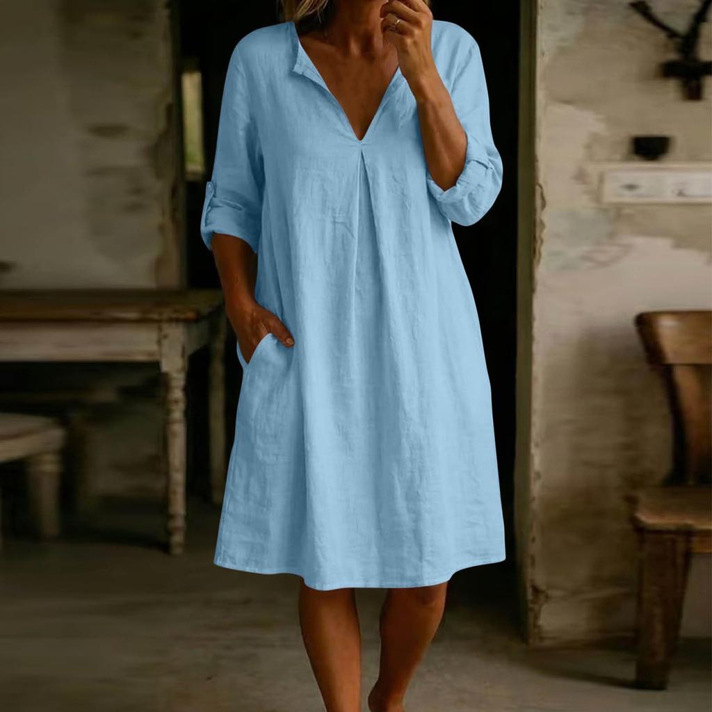 Women Casual Loose Fit V Neck Cotton Linen Dress with Three Quarter Sleeves and Side Pockets for Daily Wear Comfortable Style