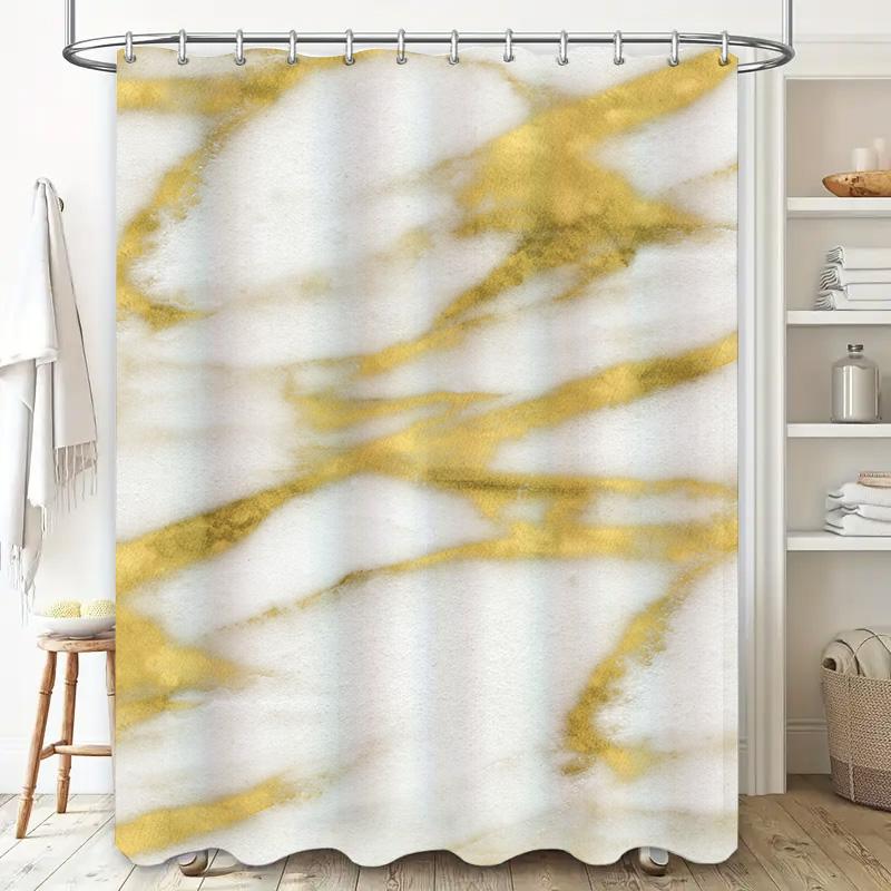 White Marble Effect Shower Curtain With Gold Accents Decorative Bathroom Liner For Bathtub Or Pool Area Perfect Addition To Your