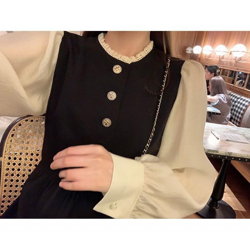 French Chic Long Sleeve A-Line Midi Dress With Built-in Bra Pad High Waist Solid Black Womens Elegant Vintage Style
