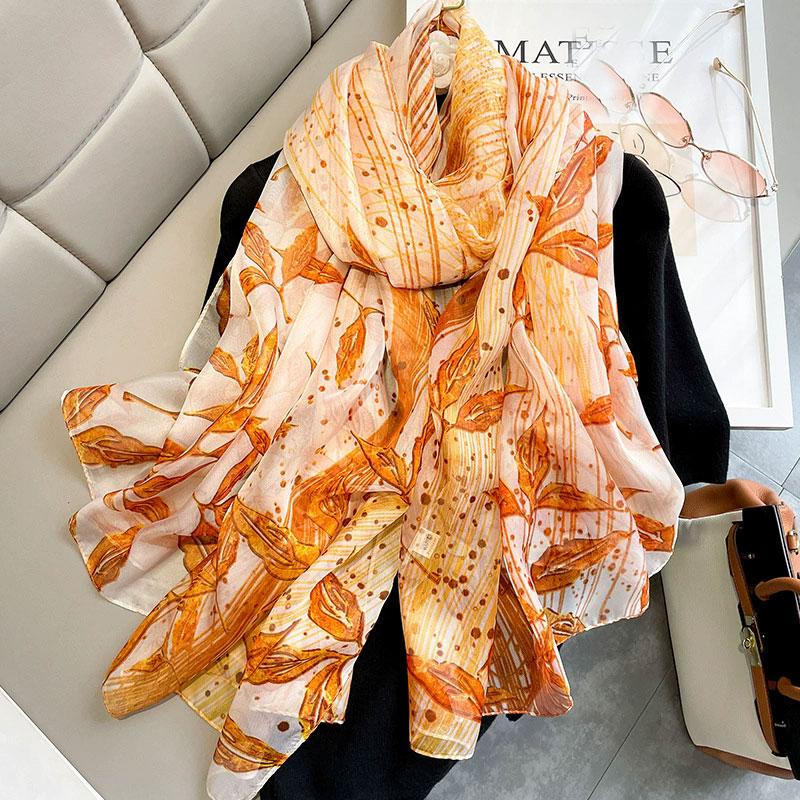 Silk Scarf Folral Women Summer Hijab Luxury Print Sunscreen Shawl Wraps Bandana Ladies Head Scarves Large Foulard Echarpe